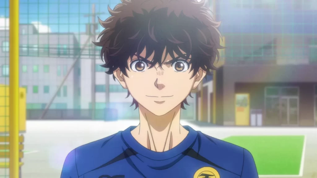 Soccer prodigy Ashito Aoi in his blue uniform, ready to play in this top Football Anime series.