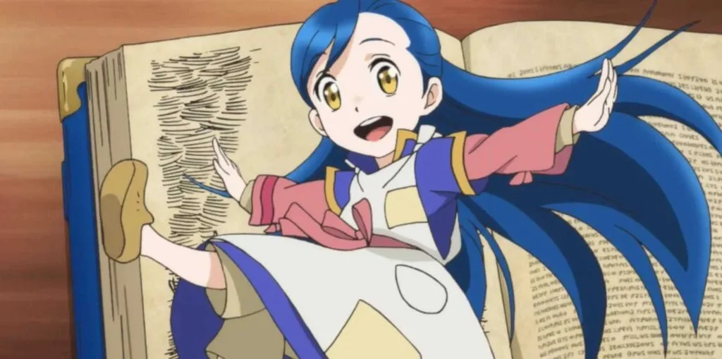 Myne from Ascendance of a Bookworm joyfully leaping in front of a giant open book, symbolizing her passion for reading and knowledge.