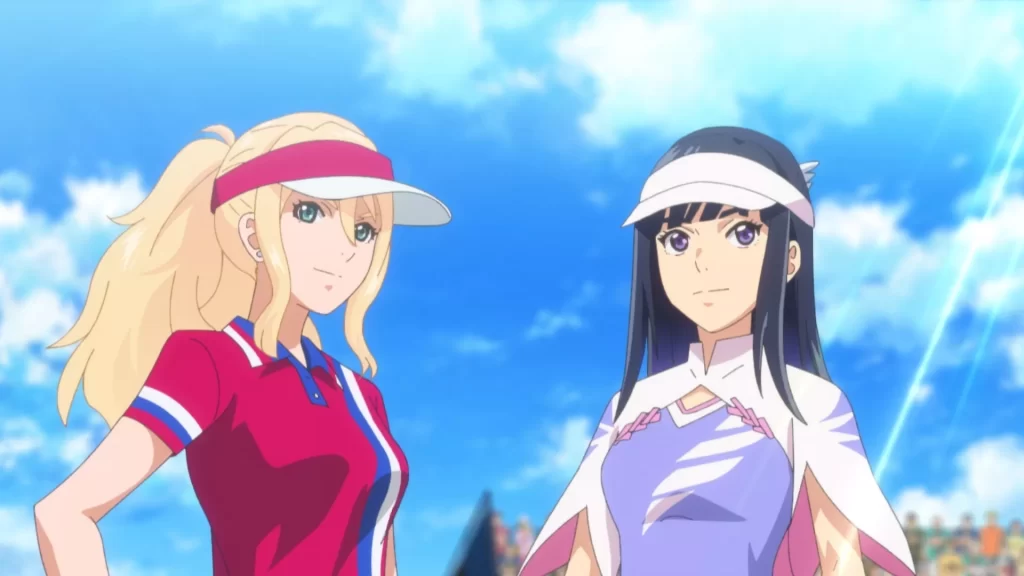 Birdie Wing anime's Eve and Aoi Amawashi in golf attire under a bright, sunny sky.
