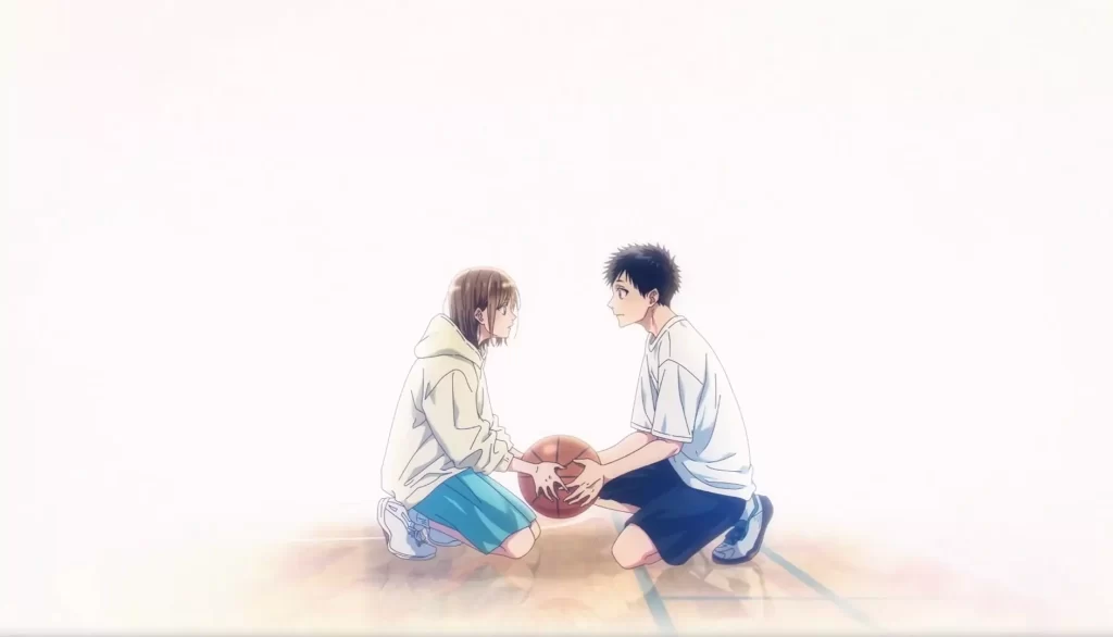 Taiki and Chinatsu kneel on a basketball court, holding a basketball between them and sharing a romantic gaze in a heartfelt moment from the anime Blue Box.