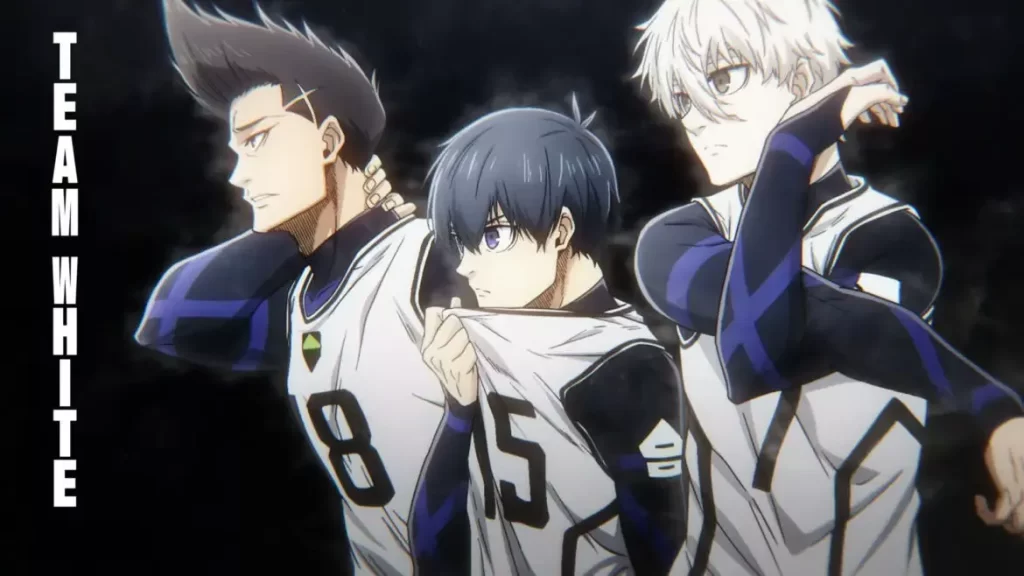Football players Isagi, Bachira, and Nagi from Team White, stars of the thrilling Football Anime