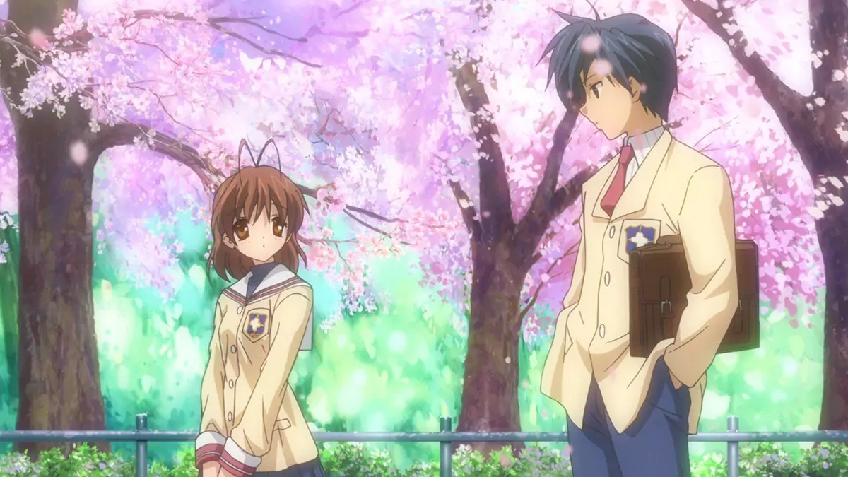 Clannad anime scene with Tomoya and Nagisa under cherry blossoms, a heartfelt moment in the best slice of life anime.