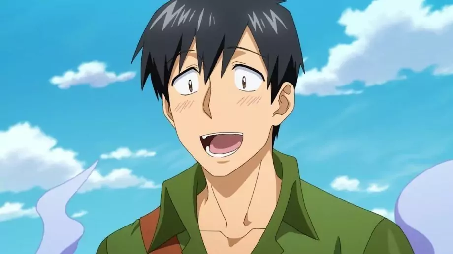 The protagonist of Campfire Cooking in Another World with My Absurd Skill, Tsuyoshi, smiles warmly under a bright sky.