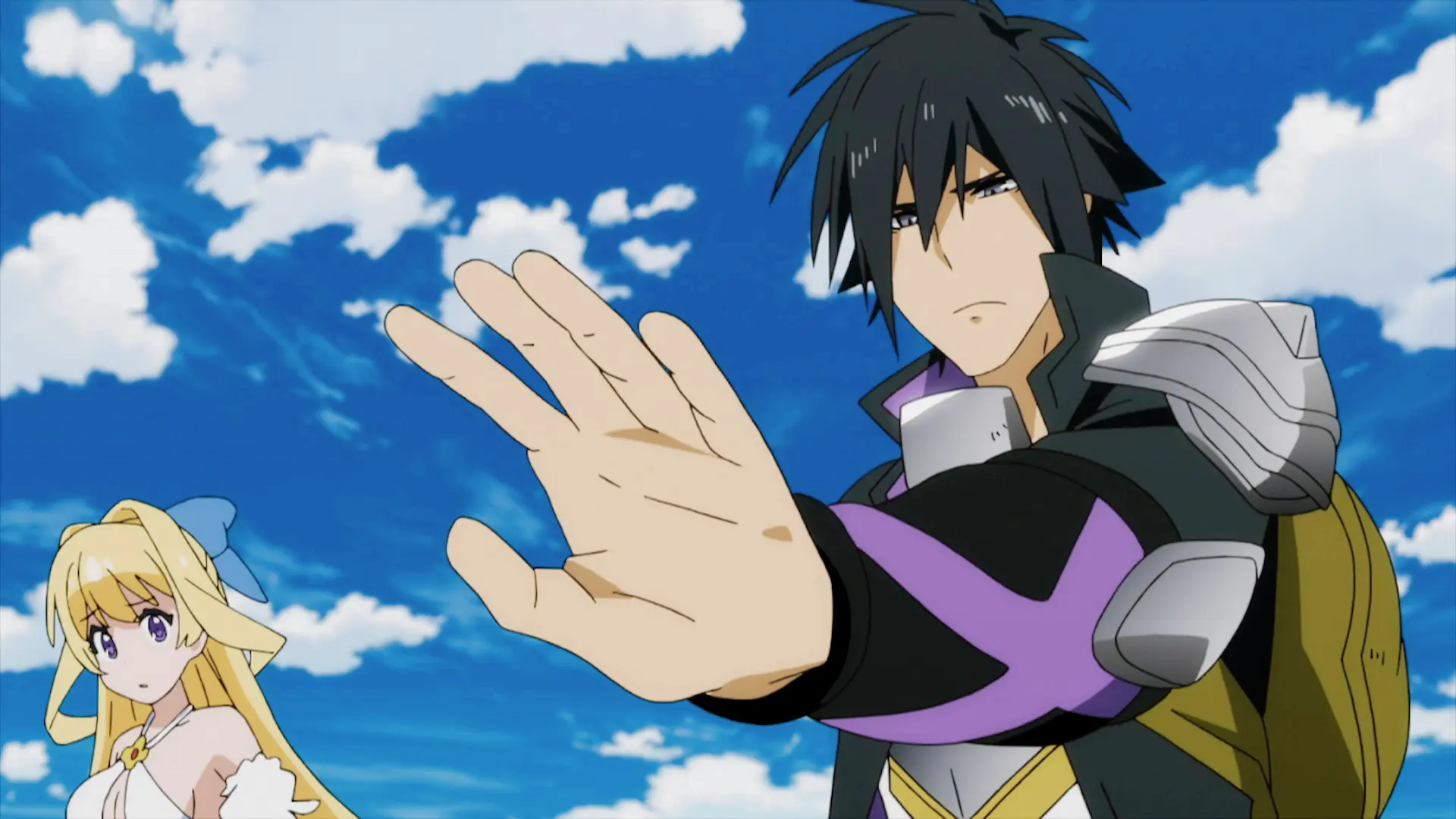 Seiya raises a firm hand to halt danger as Ristarte watches anxiously, adding heroic tension in the anime Cautious Hero.