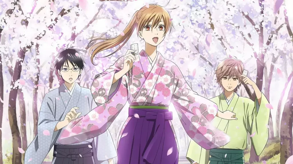 Karuta champions Chihaya, Taichi, and Arata in kimonos under cherry blossoms