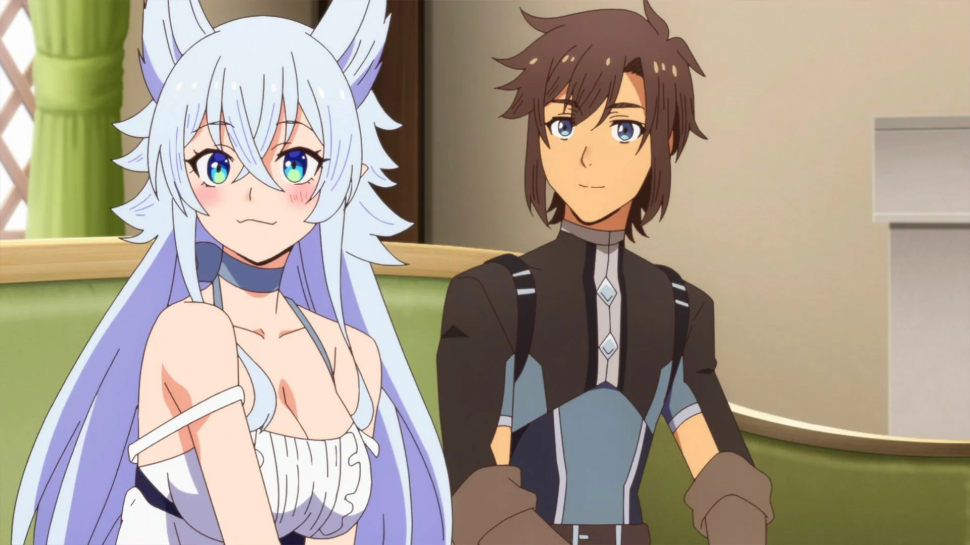 Eris blushes beside Flio on a couch, capturing a warm character moment from the isekai anime Chillin’ in Another World.
