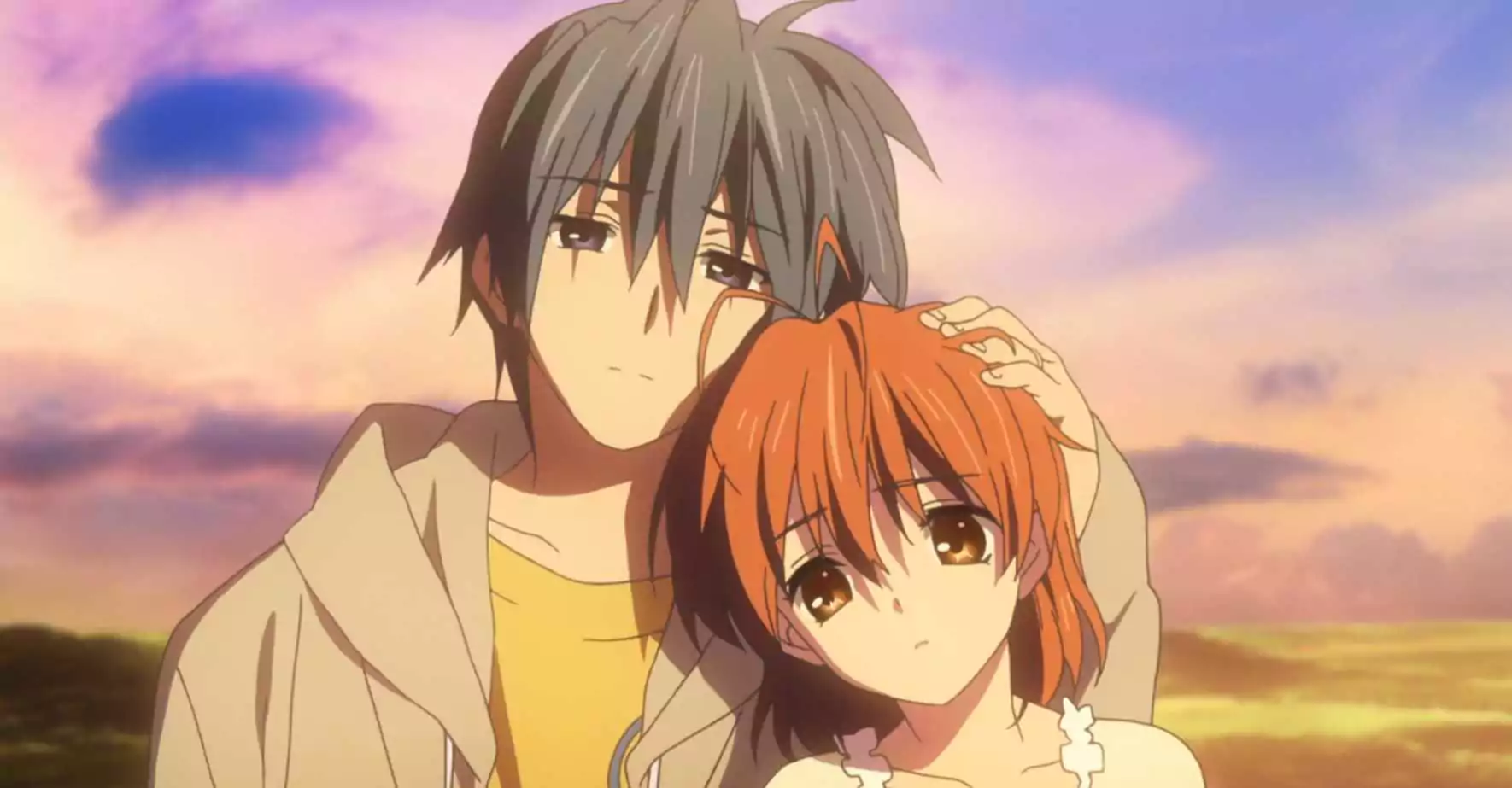 Tomoya Okazaki comforting Nagisa Furukawa during an emotional scene in Clannad After Story anime.