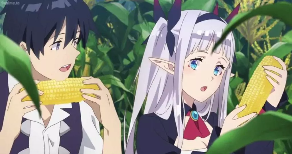 Hiraku and Rurushi from anime series "Farming Life in Another World" enjoying fresh corn in a lush green field, surrounded by tall corn stalks, capturing a peaceful and wholesome farming moment in the isekai world.