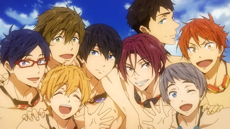 $8$ male swimmers from Free! anime smiling together.