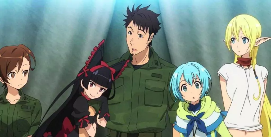 Characters from anime "Gate: Thus the JSDF Fought There!" stand under a spotlight. In the center is Youji Itami in a military uniform, surrounded by key characters including Rory Mercury in gothic attire, Tuka the elf, Lelei the mage, and others.