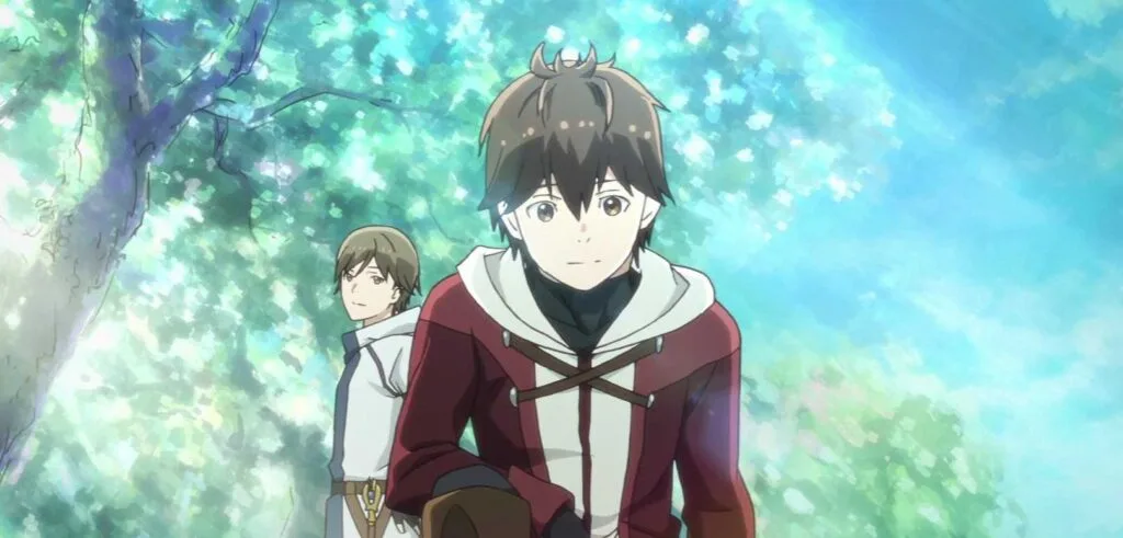 Haruhiro, the quiet and thoughtful leader, leans forward slightly, his curious yet gentle eyes fixed ahead, dressed in his iconic red adventurer outfit from the anime Grimgar of Fantasy and Ash.