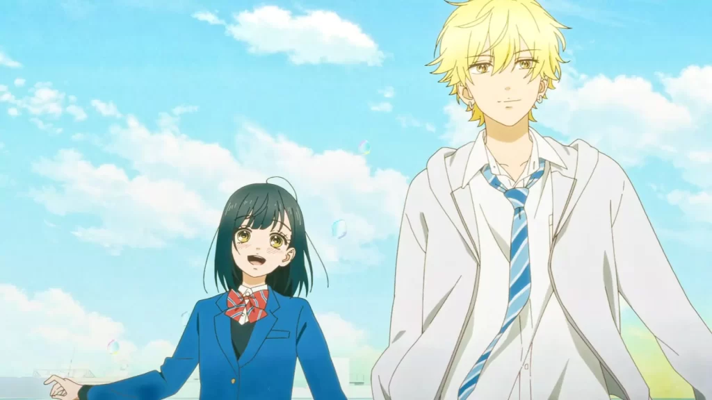 Uka and Kai from Honey Lemon Soda, smile together under a clear sky
