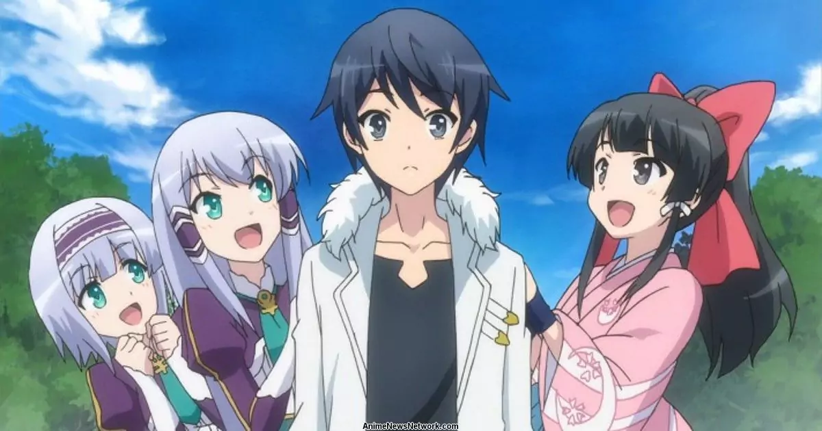 Touya stands at the center with a surprised look while surrounded by cheerful girls, including twins in purple outfits and a girl in a pink kimono.