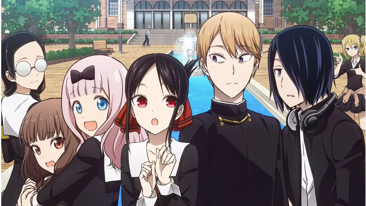 The main student council members from the romantic comedy anime ‘Kaguya-sama: Love is War.’ stand together in front of the school fountain, each showing distinct expressions and personalities.