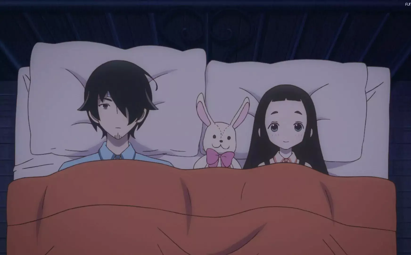 In the anime Kakushigoto, Kakushi and Hime share a quiet moment in bed, both under a blanket.