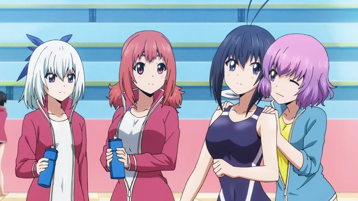 Keijo!!!! anime characters, Nozomi, Non, Sayaka, and Kazane, ready for a match.