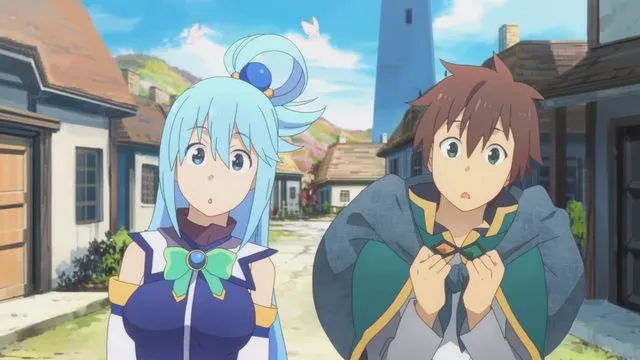 Kazuma and Aqua from Konosuba looking surprised while standing in a bright, peaceful village street.