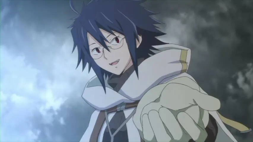 Shiroe from Log Horizon, wearing his iconic white cloak and glasses, extends his hand with a calm, confident smile.