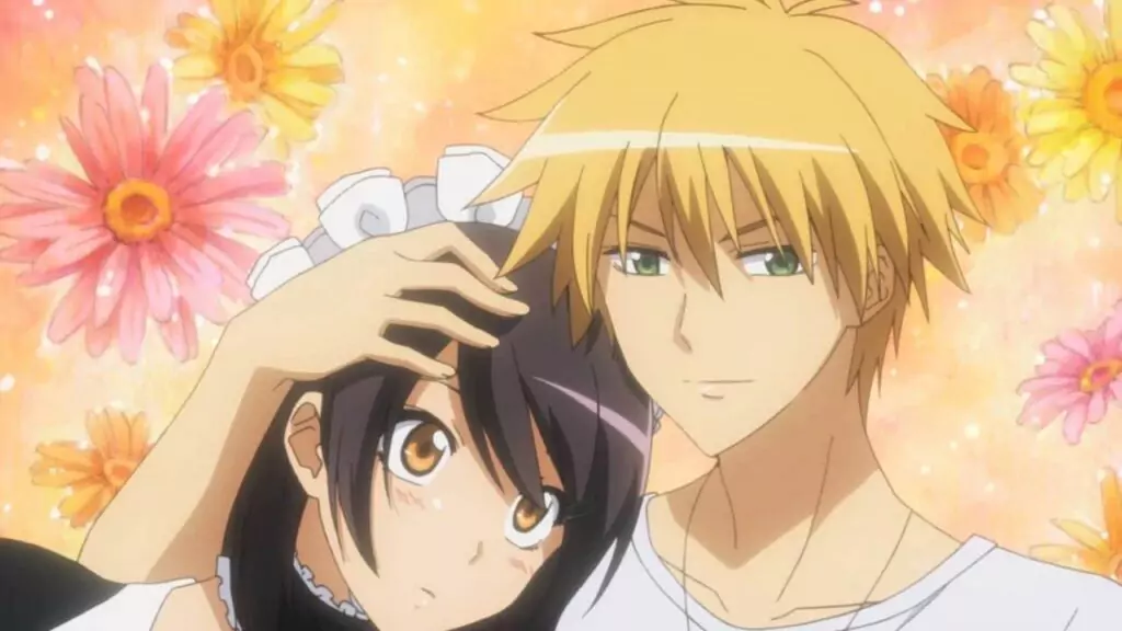 Takumi Usui comforting Ayuzawa Misaki, who is in her maid outfit, from the wholesome romantic anime Maid Sama!