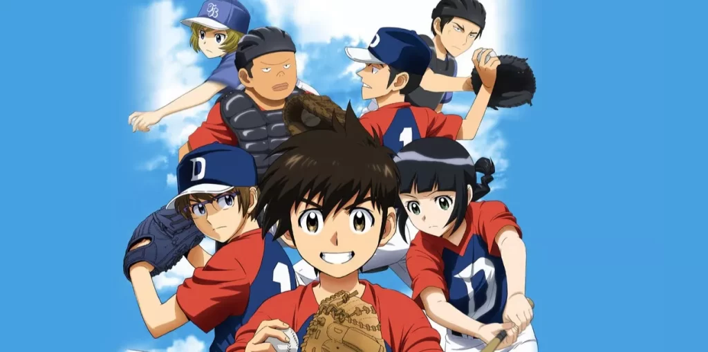 Goro Shigeno and his teammates in baseball uniforms under a blue sky, an essential Baseball Anime.