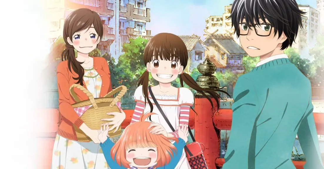 Rei and the Kawamoto sisters—Akari, Hinata, and Momo—enjoying a heartfelt family moment in the anime March Comes in Like a Lion.