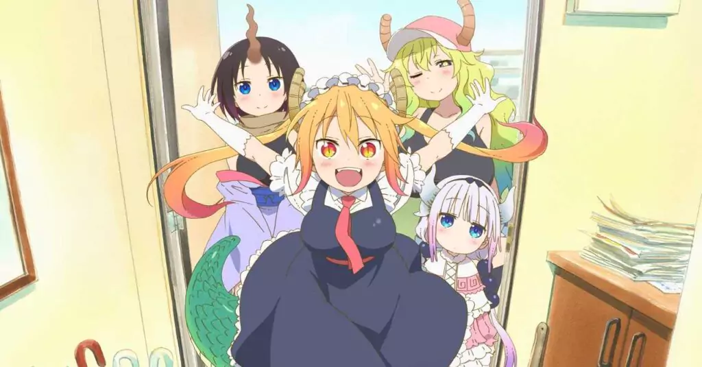 Tohru happily leads Kanna, Elma, and Lucoa into a room, all dressed in their fantasy outfits from Miss Kobayashi's Dragon Maid.