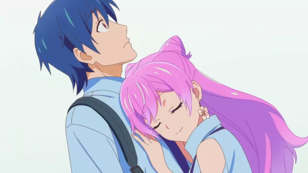Akari rests her head on Jirou's shoulder in a tender scene from the romance anime series More Than a Married Couple, But Not Lovers.
