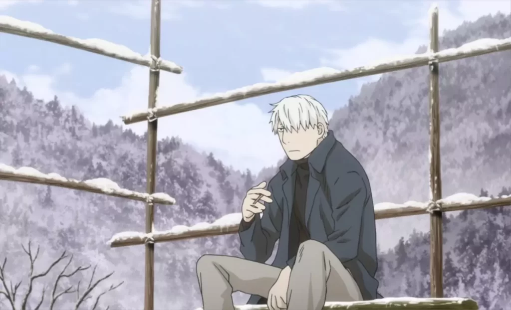 Mushishi anime scene with Ginko in snowy mountains, capturing the calm beauty of one of the best slice of life anime.
