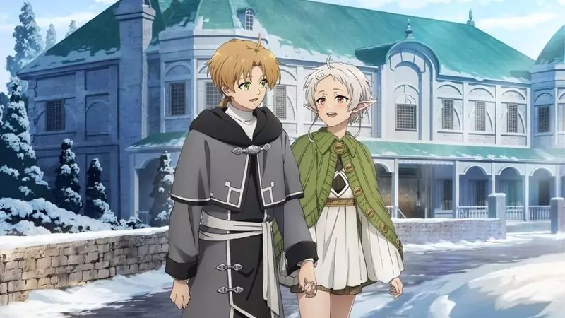 Rudeus and Sylphiette holding hands and smiling at each other in a snowy courtyard from Mushoku Tensei.