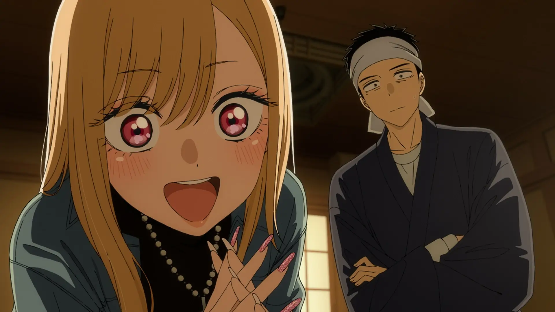 Marin Kitagawa excitedly sparkles with wide pink eyes and a big smile while Gojo Wakana looks on with a calm and slightly nervous expression