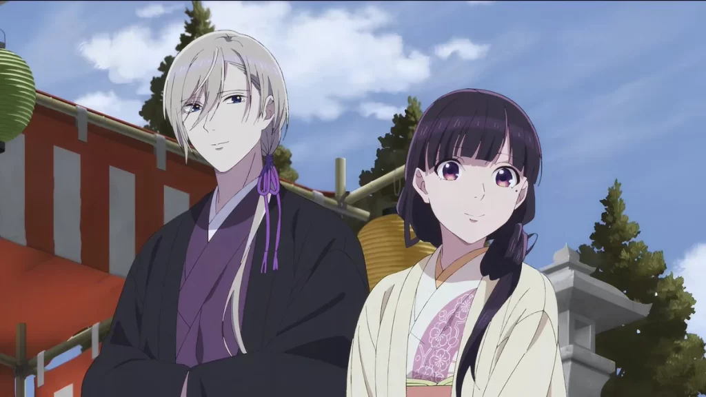 My Happy Marriage anime scene of Miyo and Kiyoka dressed in traditional Japanese attire, smiling together at a festival.