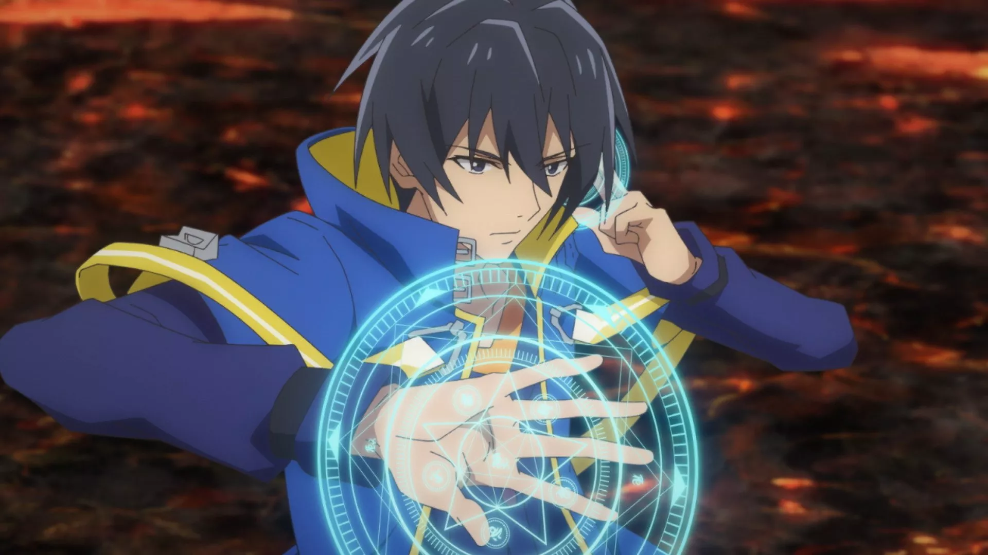 Yuji from My Isekai Life anime unleashing a detailed glowing spell circle, capturing the intense action