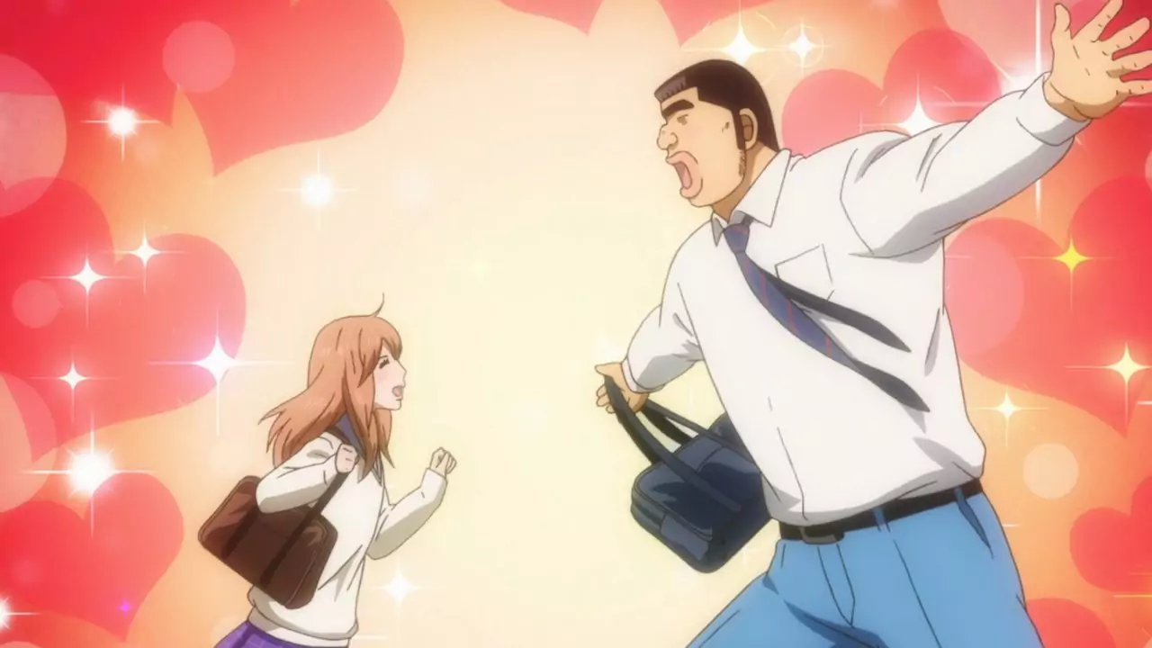 Takeo and Rinko rush toward each other with joy, surrounded by sparkles and hearts in a romantic comedy scene from My Love Story!!