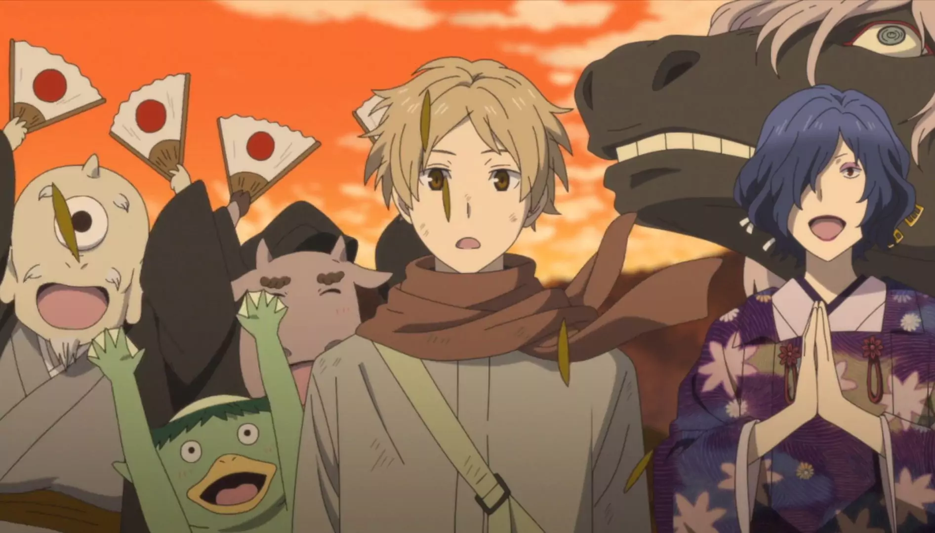 Takashi Natsume surrounded by friendly yokai during a festival in Natsume’s Book of Friends anime