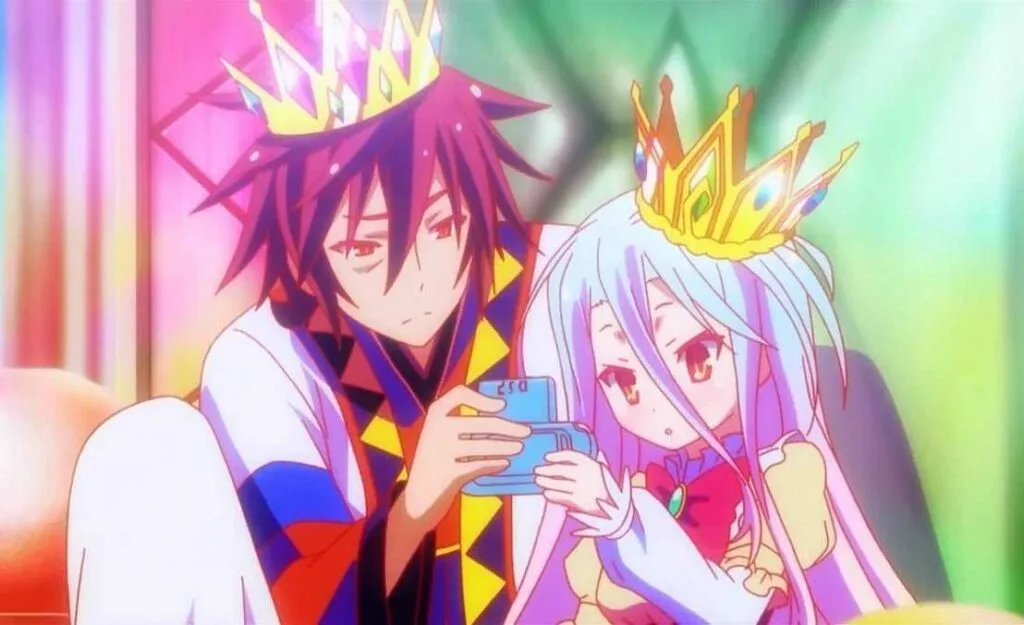 Sora and Shiro from No Game No Life sitting together on a throne, wearing golden crowns and playing on a handheld gaming console in a vibrant, colorful setting.