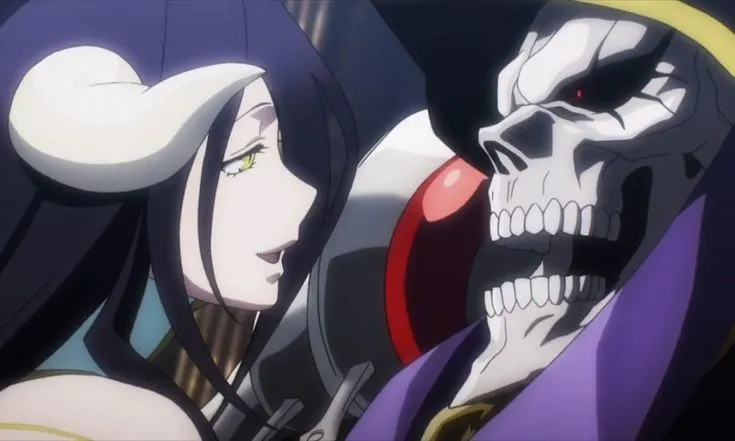 Albedo gazing affectionately at Ainz Ooal Gown from Overlord, highlighting their intense and contrasting dynamic.
