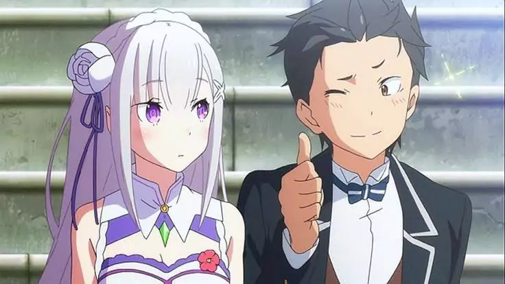 Subaru giving a thumbs-up while Emilia looks surprised in a funny moment from Re:Zero.