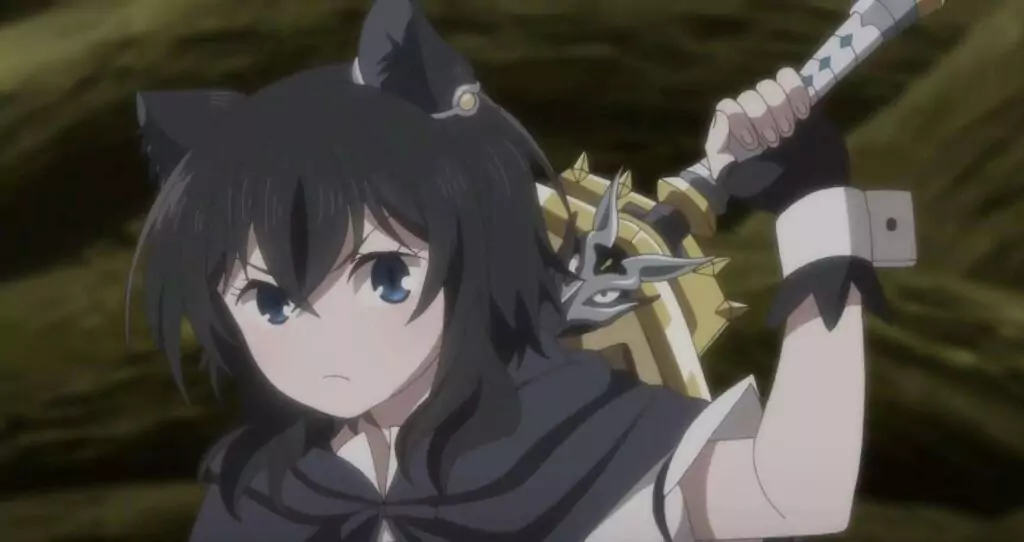 Fran, the black cat-eared warrior from Reincarnated as a Sword, stands confidently with her enormous magical sword resting on her shoulder, its dragon-shaped hilt exuding power.
