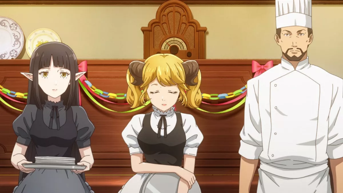 Aletta, Kuro, and Master from the isekai anime series "Restaurant to Another World" standing together in the restaurant