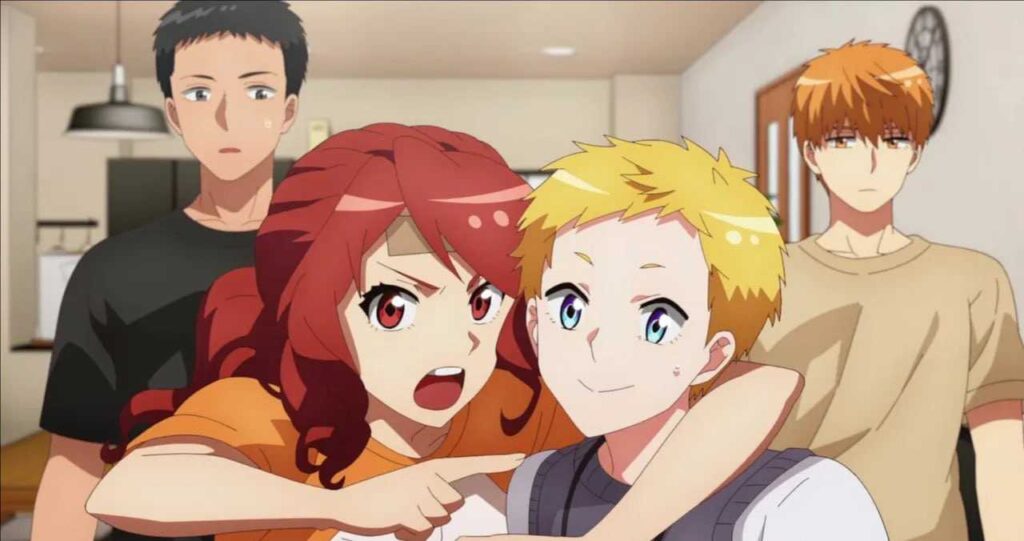 Four characters from Romantic Killer anime in a casual indoor setting. In the foreground, a blonde-haired character smiles gently while a red-haired character leans close. In the background, a dark-haired character and an orange-haired character stand together in what appears to be a domestic scene.