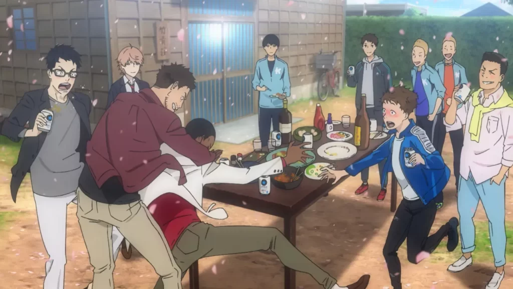 Student athletes from Run with the Wind celebrating outdoors after a marathon, a great Running Anime.