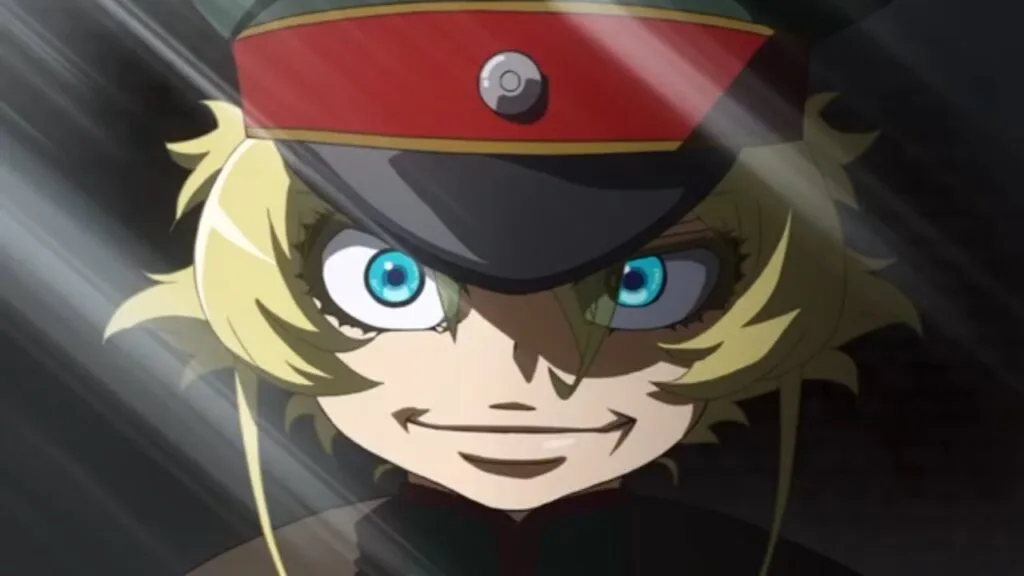 Tanya Degurechaff from Youjo Senki (The Saga of Tanya the Evil) with a sinister smile and glowing blue eyes under a military cap, standing in a dramatic beam of light.
