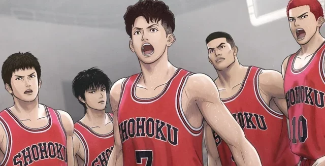 The Shohoku basketball team players, geared up and ready for the match, from the iconic sports anime Slam Dunk.