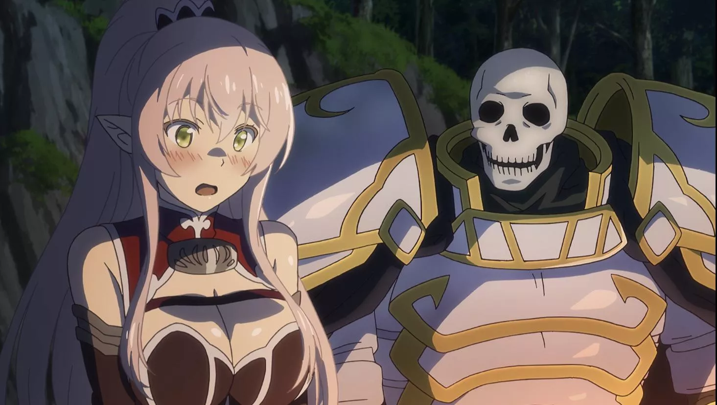 Ariane (a blushing, white-haired dark elf with green eyes) stands next to Arc (a talking, armored skeleton knight) in a forest setting from the anime Skeleton Knight in Another World.