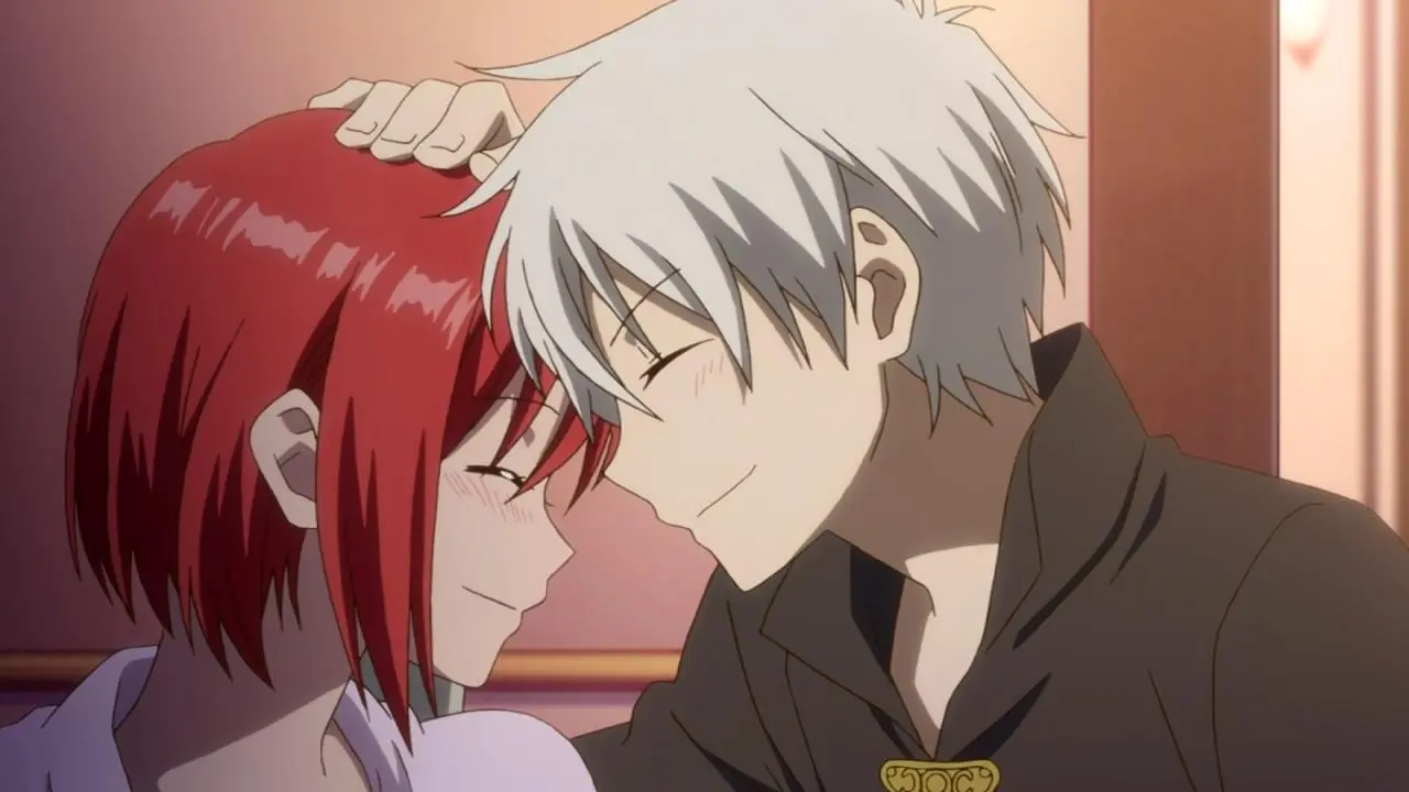 Zen tenderly pats Shirayuki's head in a loving moment from the fantasy romantic anime, Snow White with the Red Hair.