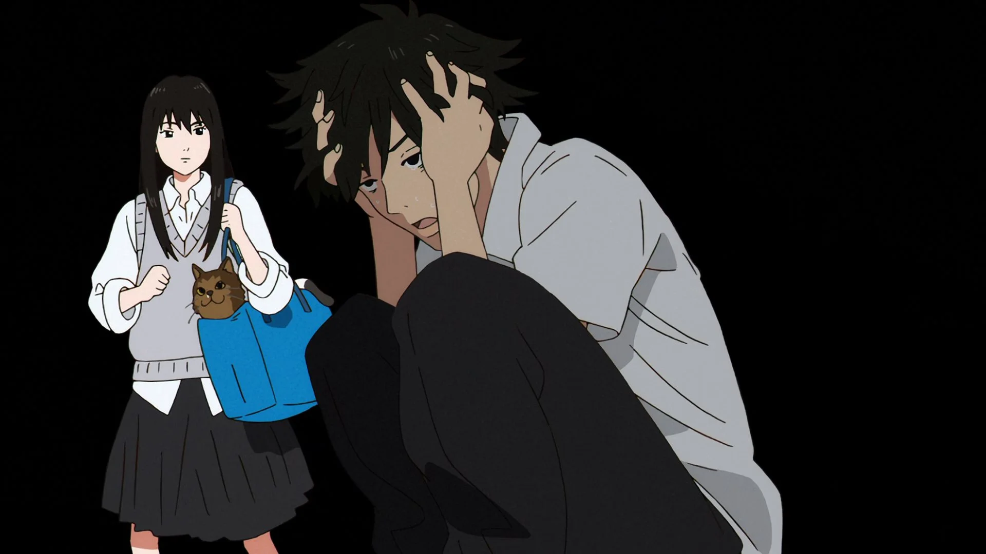 Sonny Boy anime scene with a distressed boy holding his head and a girl standing with a cat in her bag.