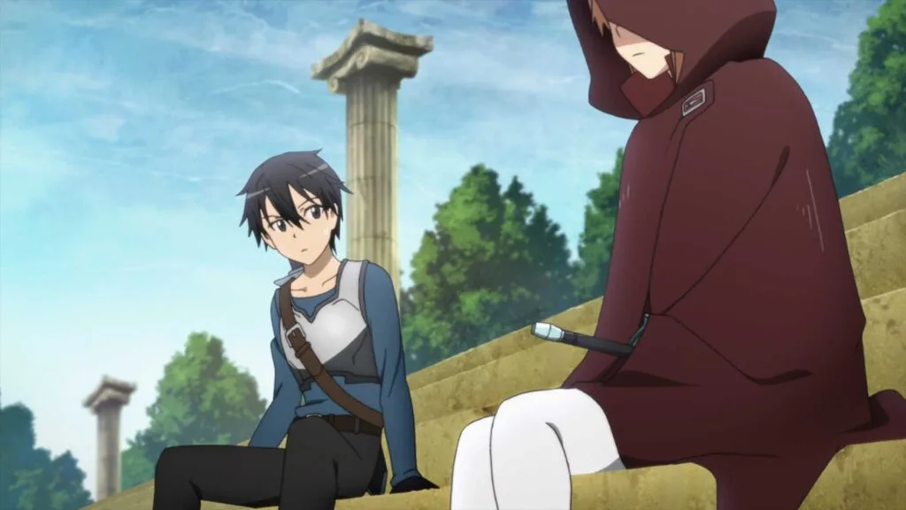 Kirito from Sword Art Online sits on ancient stone steps next to a cloaked character, Eugeo, in a maroon hood.