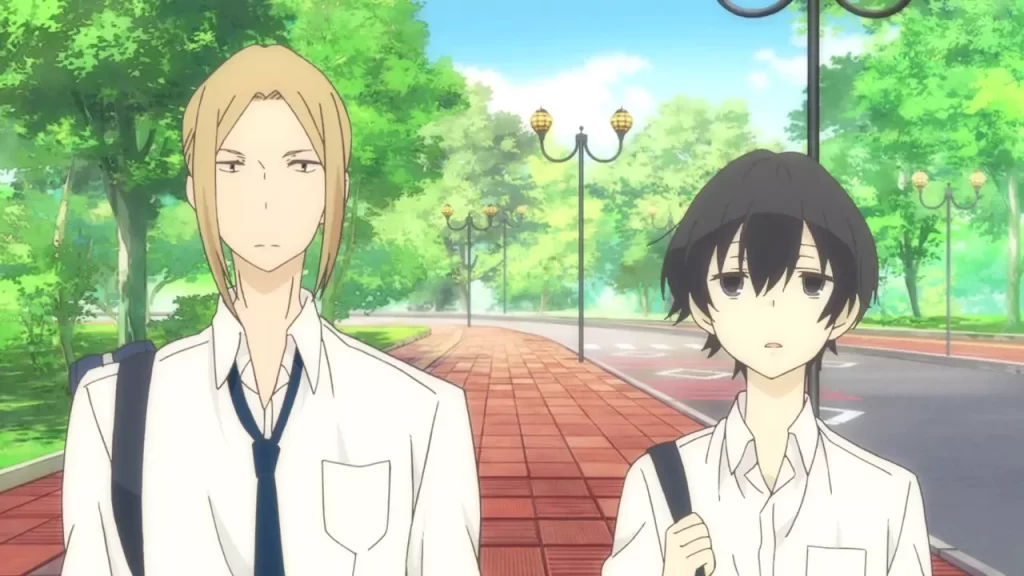 Tanaka and Ohta walk together in a park, both dressed in their school uniforms.