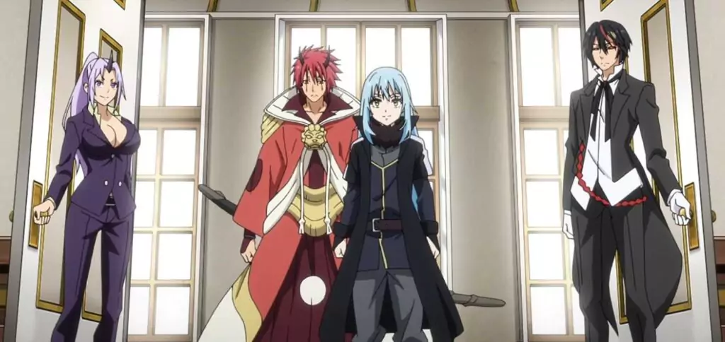 Rimuru Tempest enters a room with his companions — Shion, Benimaru, and Diablo — from That Time I Got Reincarnated as a Slime.