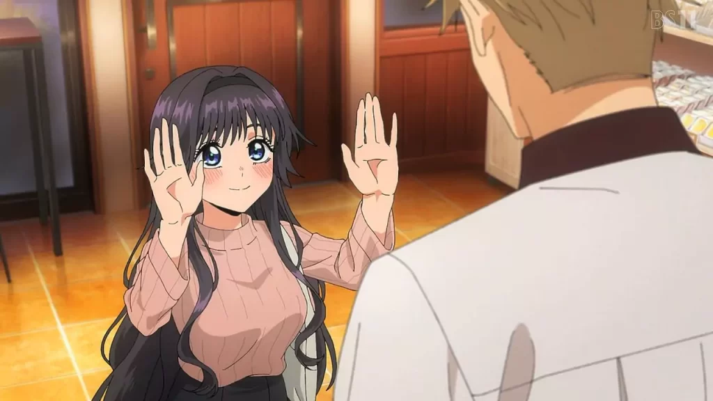 Kaoruko smiles warmly at Rintaro inside a bakery in The Fragrant Flower Blooms with Dignity anime.